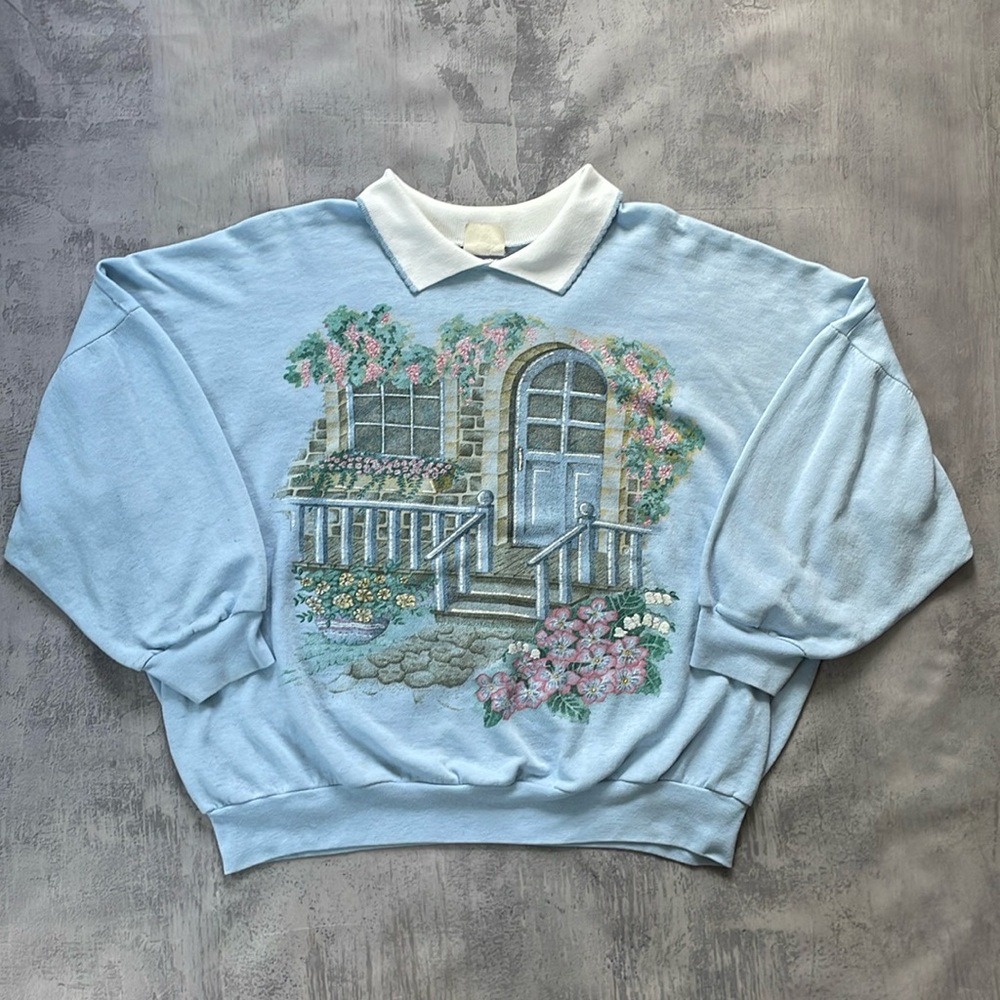 Vintage 90s Floral Flowers On Porch Crewneck Sweater BIG